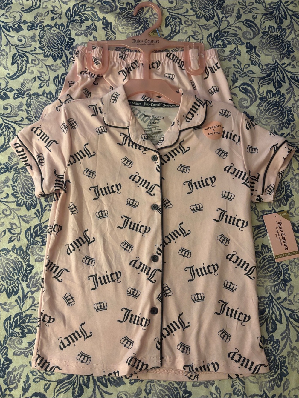 Juicy Couture Pink Black Logo Short Sleeve Pajama Top girls Sz 6/6X NWT